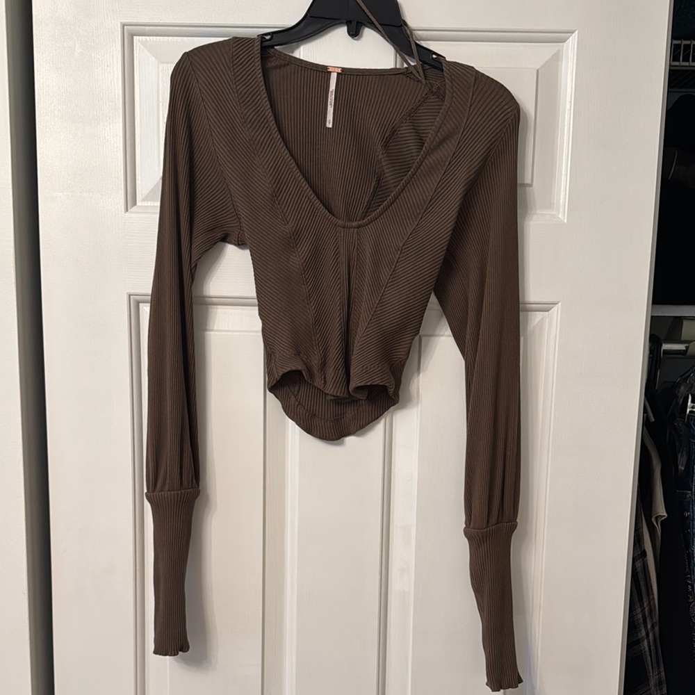 FREE PEOPLE Brown Ribbed Crop Long Sleeve
